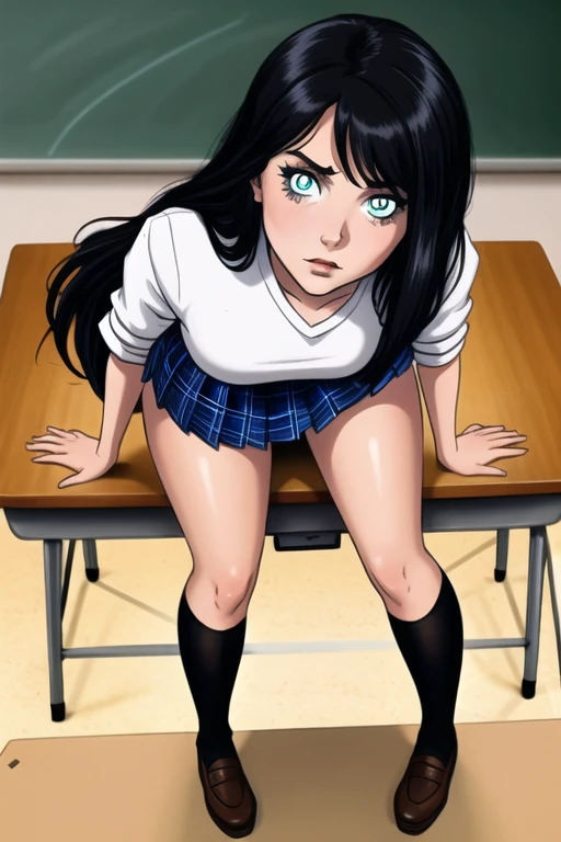 score_9, score_8, score_7, sauce_anime,
evaluation_general, anime, Official Art,Precise facial contours,Precision Eyes,
kanamori, Wear glasses on your head, Seraph Freckles, Pleated skirt, blazer, Blue Skirt, Crouching,mini skirt,Spread your legs,Thighs,Bare legs,Satin panties are visible,One girl,alone, indoor,Shame face,Show off,Put your arms behind your head,