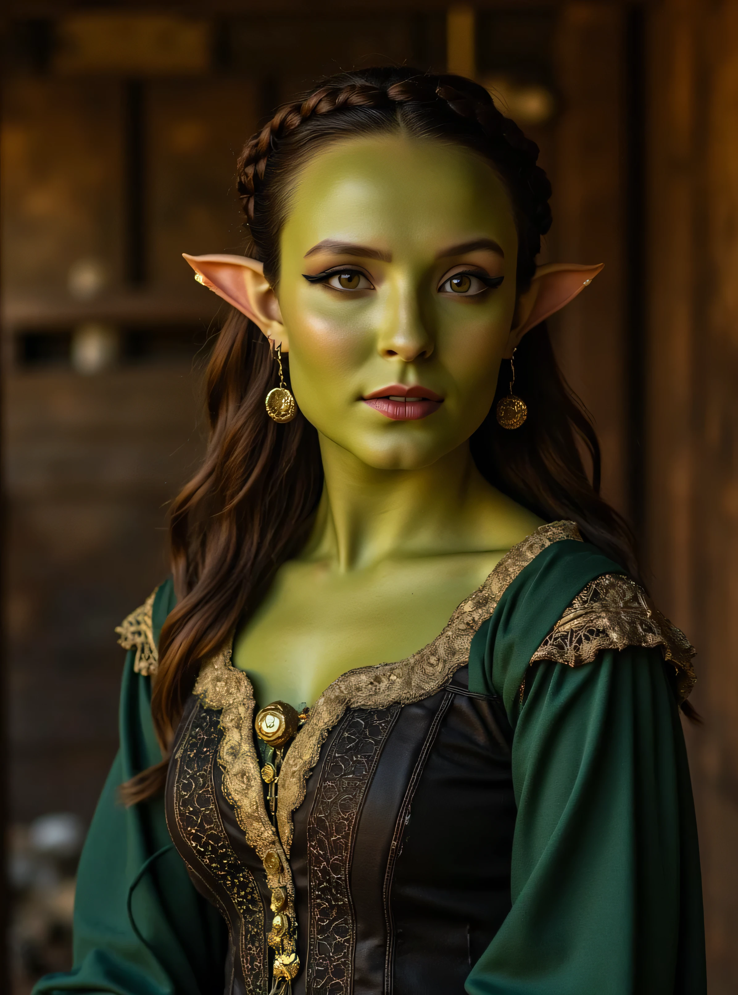 portrait of a mature orc woman posing in a poor house, Serene and warm ,  natural lighting , Soft Focus, High resolution, rustic and introspective atmosphere,  discreet sophistication ,  medieval clothing, Orck, madura como uma mulher orc de  green-skinned ET,  green-skinned ET, pointy ears,  green-skinned ET,  greenish skin, neckline, sweaty

Masterpiece, 