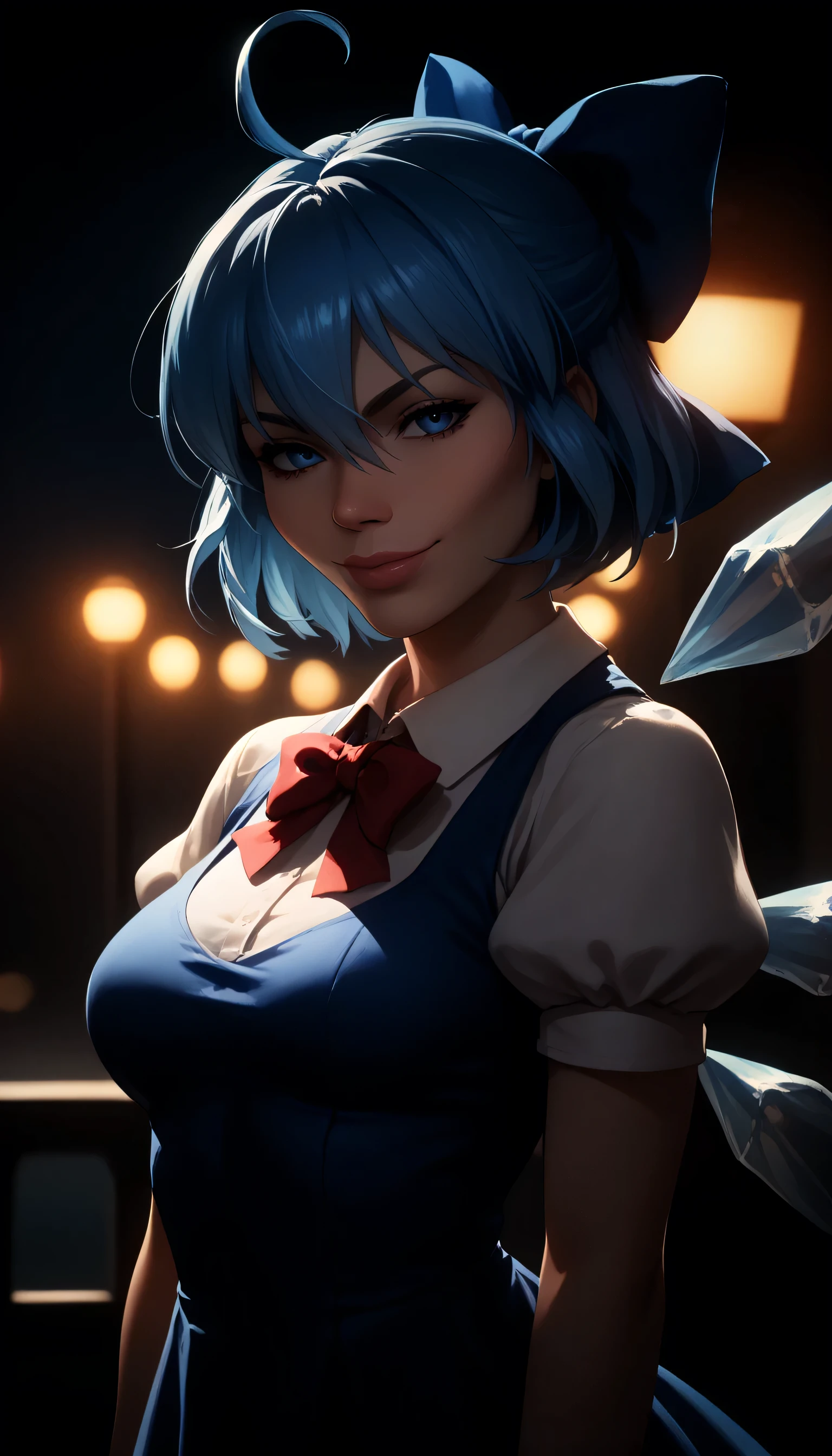 Medium breast, ,Give your images flat even illumination (negative) or dramatic chiaroscuro lighting (positive). ,1girl, smile, breasts, looking_at_viewer,City with lights,shimewing, closed mouth, lips, nose, raised eyebrows, meme, looking at viewer, upper body,zzCirno, blue eyes, hair between eyes, ahoge, blue hair, hair bow, short hair, blue dress, puffy short sleeves, white shirt, bow, wings, ice, short sleeves, ice wings, dress