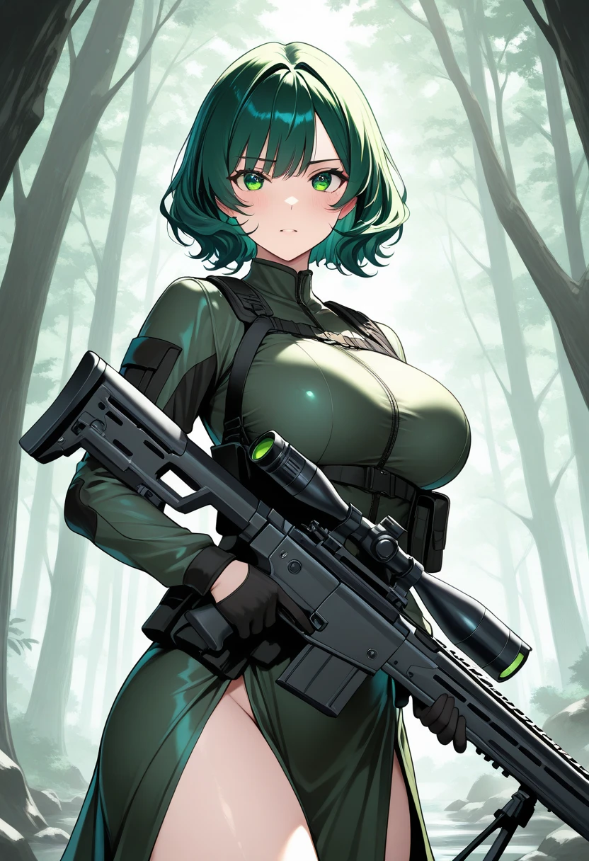 Tabletop、A 20-year-old woman wearing a green tank top holds a gun in a field., Cute girl in a tank top, gorgeous jungle ranger, Large Breast Size, have large breasts, Hunter woman in the forest, have large breasts, Half Body Shot, Possession of a gun, Thick jungle, Carry a rifle, Possession of a gun, Militarism!!!, Covered SFW Big Tits, SFW Big Tits、 Anime Moe Art Style