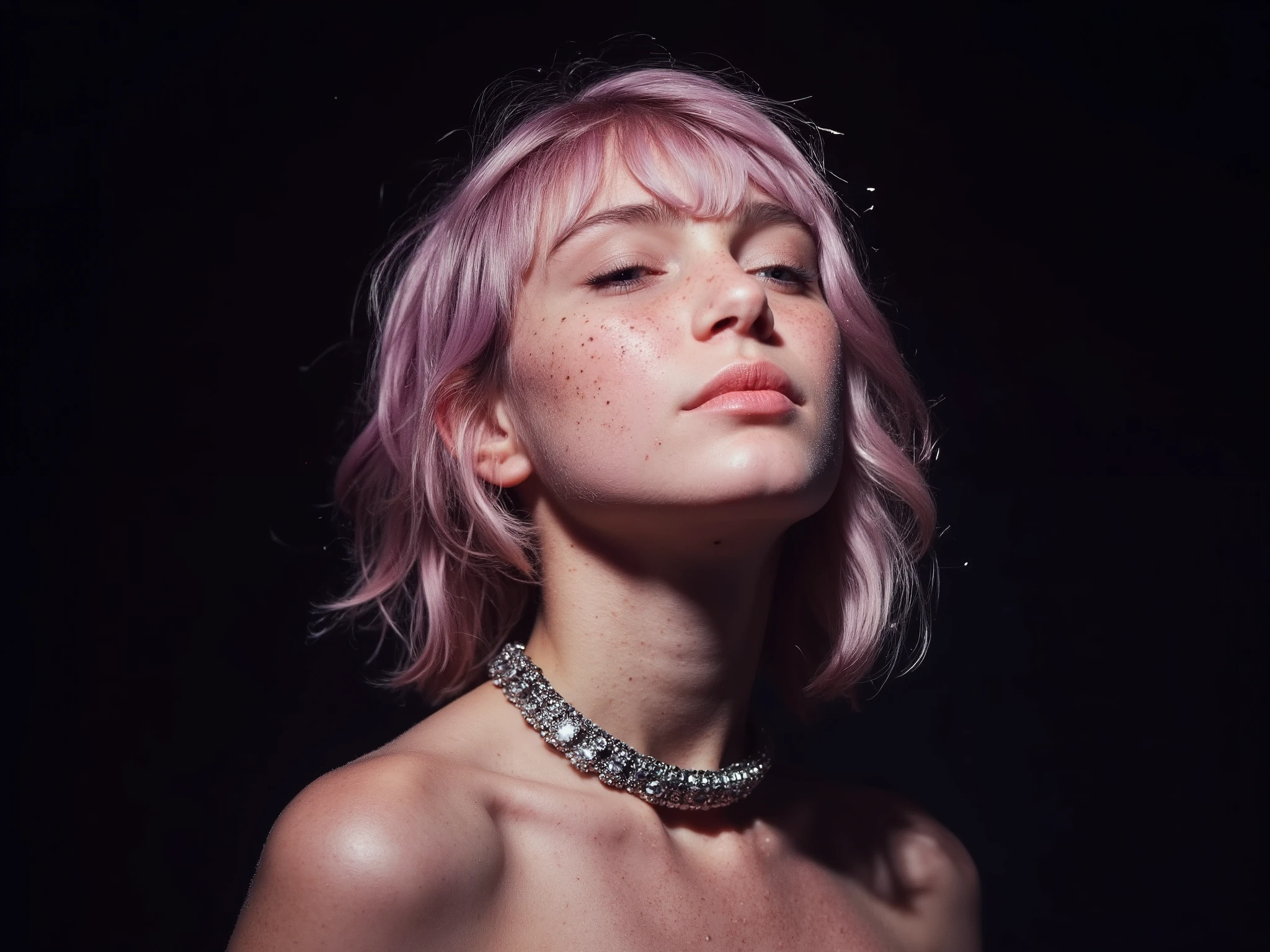 A cute young woman with eyes closed, freckles, pastel pink wavy shoulderlength hair with bangs, crystal rhinestone neckpiece, bare shoulders, head tilted up and to the left. High-contrast, graphic lighting on a bold fashion editorial, color gels, studio setting with a dark background.