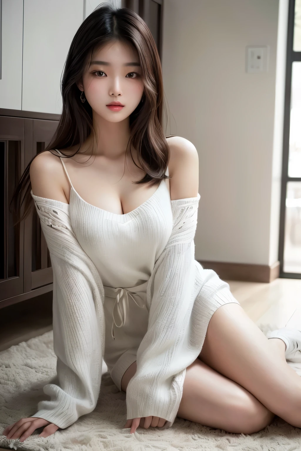 ((Highest quality, 8K, masterpiece: 1.3)),RAW Photos,Realistic atmosphere,Lens flare, Ray Tracing,(Soft white skin that shines in every detail:1.3),Beautiful Japanese, shiny light brown hair,Mouth details,Glossy Lips,Fine eyebrows,Detailed drawn eyes、Very beautiful eyes,Detailed lips、Very beautiful face,Very well-formed face,Beautiful, shining lips、Detailed five fingers、Beautiful breasts,(Sexy look:1.5),Stylish rooftop bar at night in a blurred city,Lying on the sofa,Raise your legs,Lightweight knit with no loose shoulder straps,Lightweight knit dress with off-the-shoulder sleeves,Cleavage,A little drunk blush,Small single diamond necklace、Two beautiful legs in platform sandals、Black underwear is visible from under the skirt