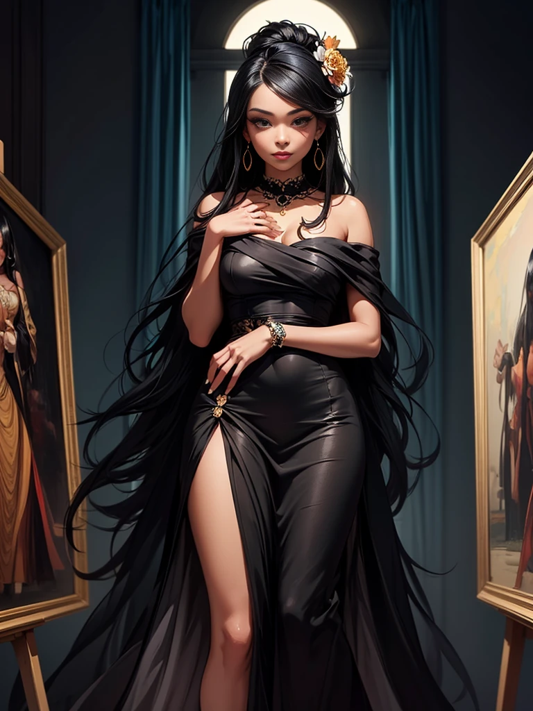 A photograph of a smiling modern beauty，Sexy dress，The composition is like Leonardo da Vinci's portrait of the Mona Lisa