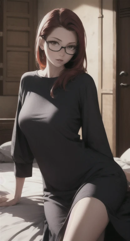 Aizawa Akemi, masterpiece, best quality, 1girl, solo, long hair, large breasts, looking at viewer, open mouth, bangs, shirt, long sleeves, red eyes, ponytail, sidelocks, red hair, indoors, medium hair, hand on hip, black shirt, high