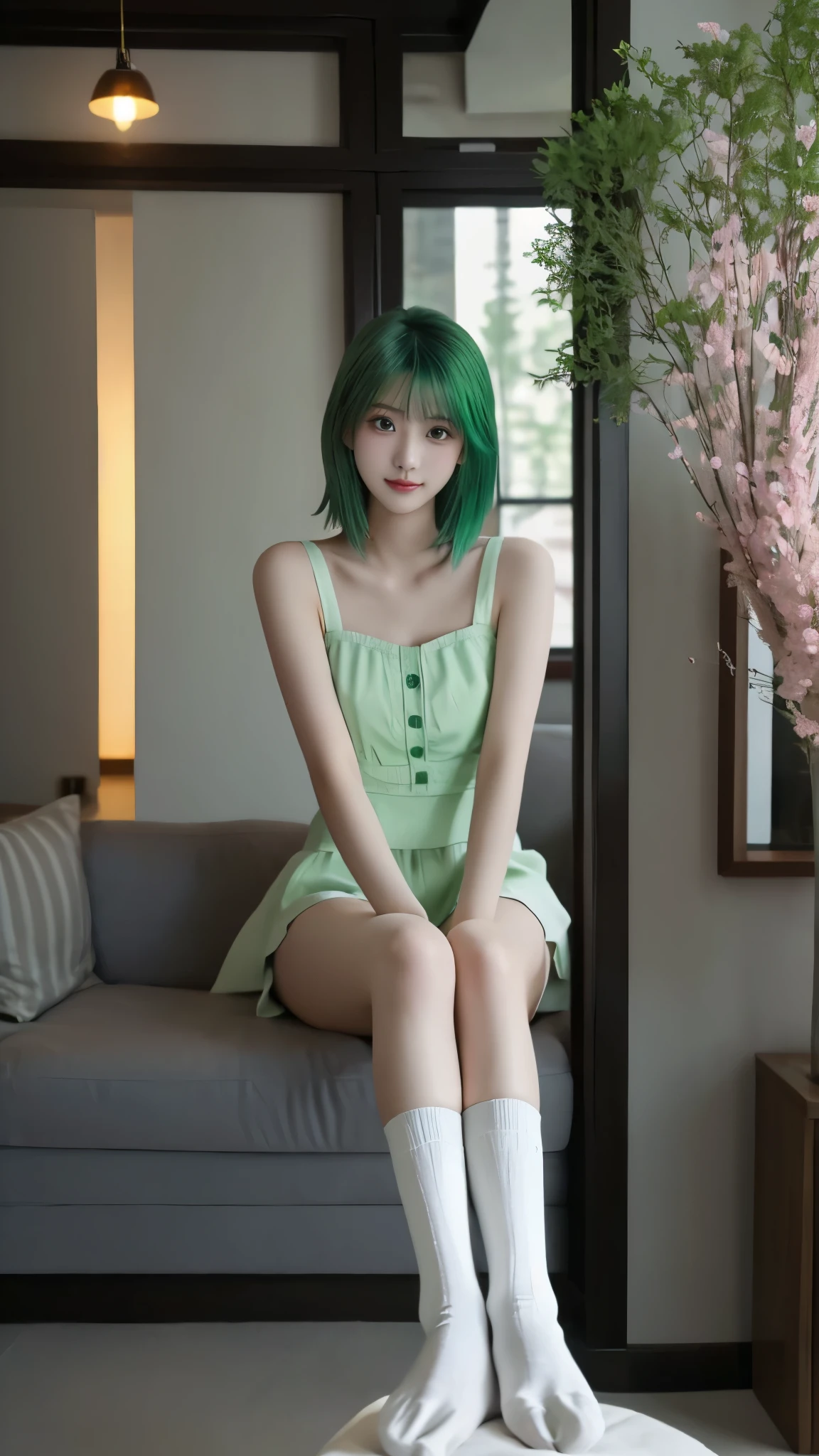 high definition,超high definition,8k,Ultra Fine,TOP QUALITY, masterpiece, Super Fine Paintings , detailed depiction of up to the front door,1 girl, upper body,((素敵な髪型,Bright green hair:1.2)),((Beautiful breasts, Upward bust)), similarly ,glowing neon lights, intermediate shot,Fujifilm X-T4 + 23mm f/2 Lenses,dusk,Flower Farm,watch viewers, ( detailed legs:1.3, thin thighs, beautiful feet:1.2), ( detailed hands:1.3, perfect right hand:1.2), ( Detailed Eyes and Faces :1.2, Professional Shooting Techniques , Professional lighting techniques ), (detailed feet:1.3, Perfectly correct foot:1.3), ((black knee high socks))