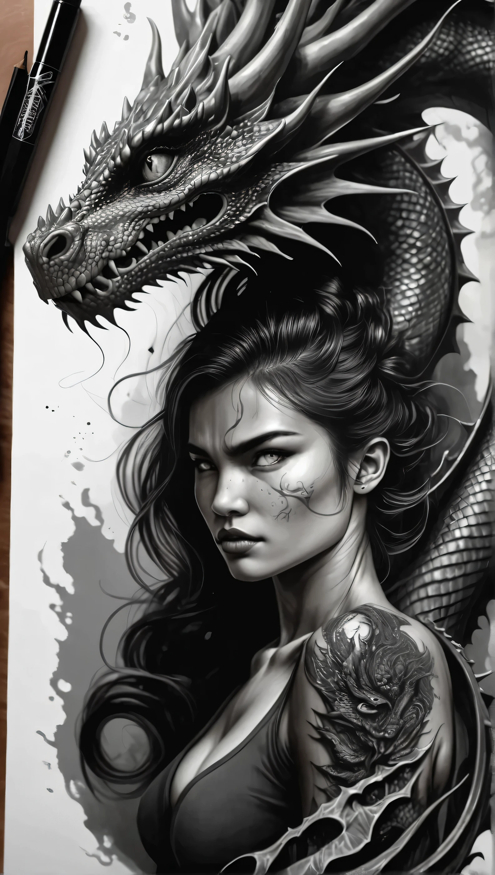 a drawing of a woman with a dragon on her head, the dragon girl portrait, detailed matte fantasy portrait, dragon girl, neoartcore and charlie bowater, 4k detailed art, dark fantasy mixed with realism, snake woman hybrid, epic portrait illustration, in style of anne stokes, detailed painting 4 k, 4 k highly detailed art, martin ansin artwork portrait