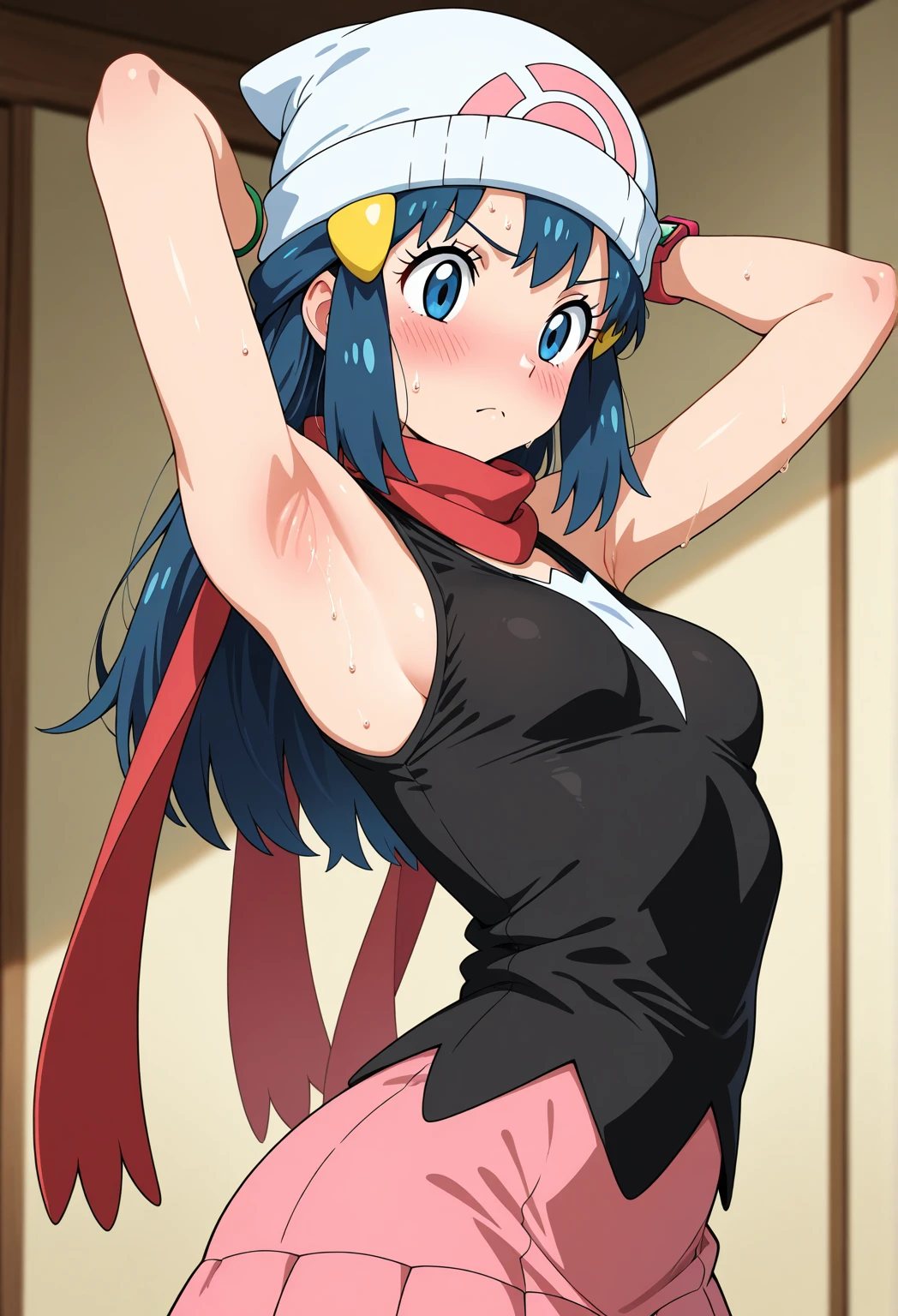 (Best Picture:1.2), (Best Quality:1.3), My Hero Academia style, anime Girl, female, trending on artstation pixiv, (Full body shot:0.5), Super detailed, Perfect anatomy, woman with long voluminous blue hair tied up, blue eyes, wearing a black bunny outfit with a grende cleavage that shows part of her nipples with a bow tie and cuffs, in a naughty and sexy pose