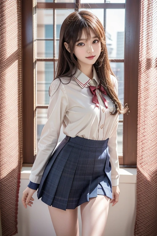 Arabian style Asian woman wearing a white shirt and red bow tie sitting on a sofa, Cute school girl, hyperRealistic , a hyperRealistic , High school girl posing, Thigh close-up, Realistic , wearing Japanese , Japanese girl , Japanese , Legs close-up, lower angle, Crossing your legs