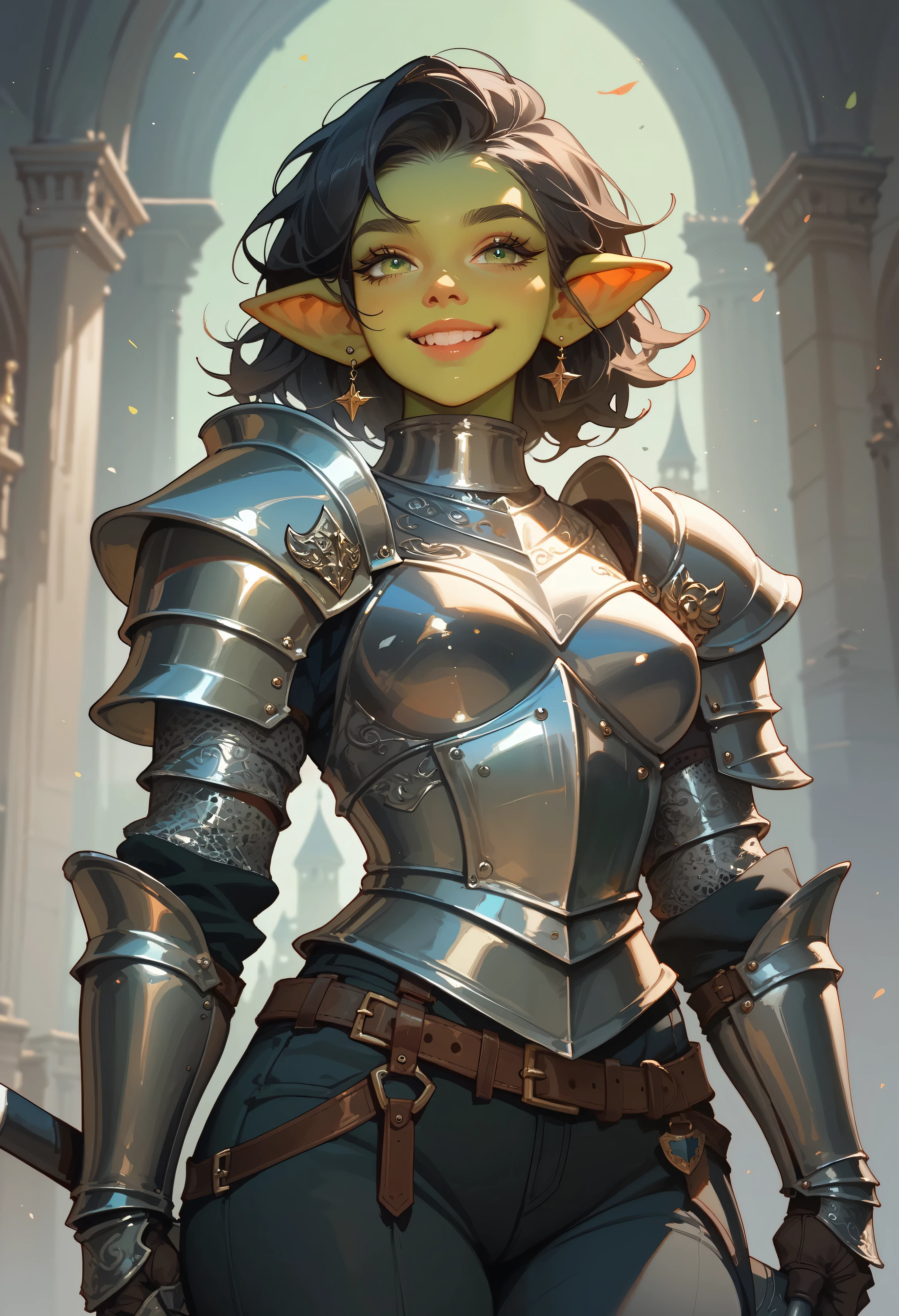 alone, (cowboy shot) female knight, full knight armour, full knight armour, dark pants, Adult hob goblin girl, with dark hair, green skin, goblin ears, shoulder length hair, green eyes and an athletic body Small loving smile, tower background.,