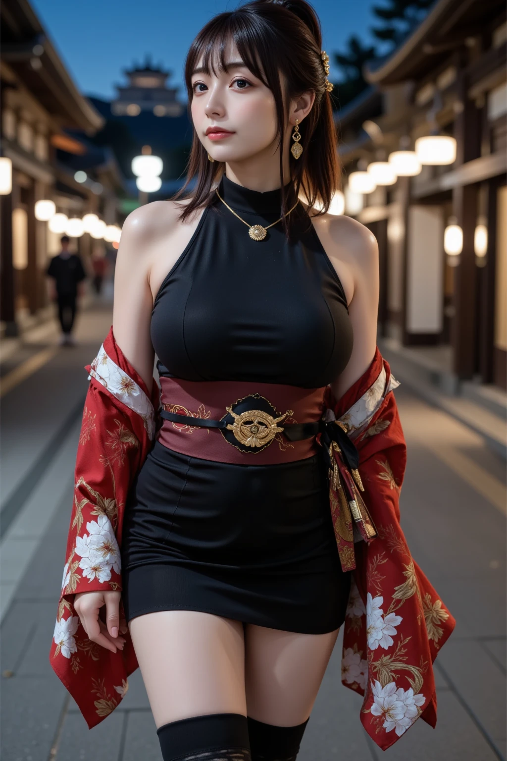 A cute girl, short purple hair, yellow eyes, Palestinian attire, large breasts, a black dress embroidered with red, a long-sleeved dress, a belt, a destroyed city in the background. 