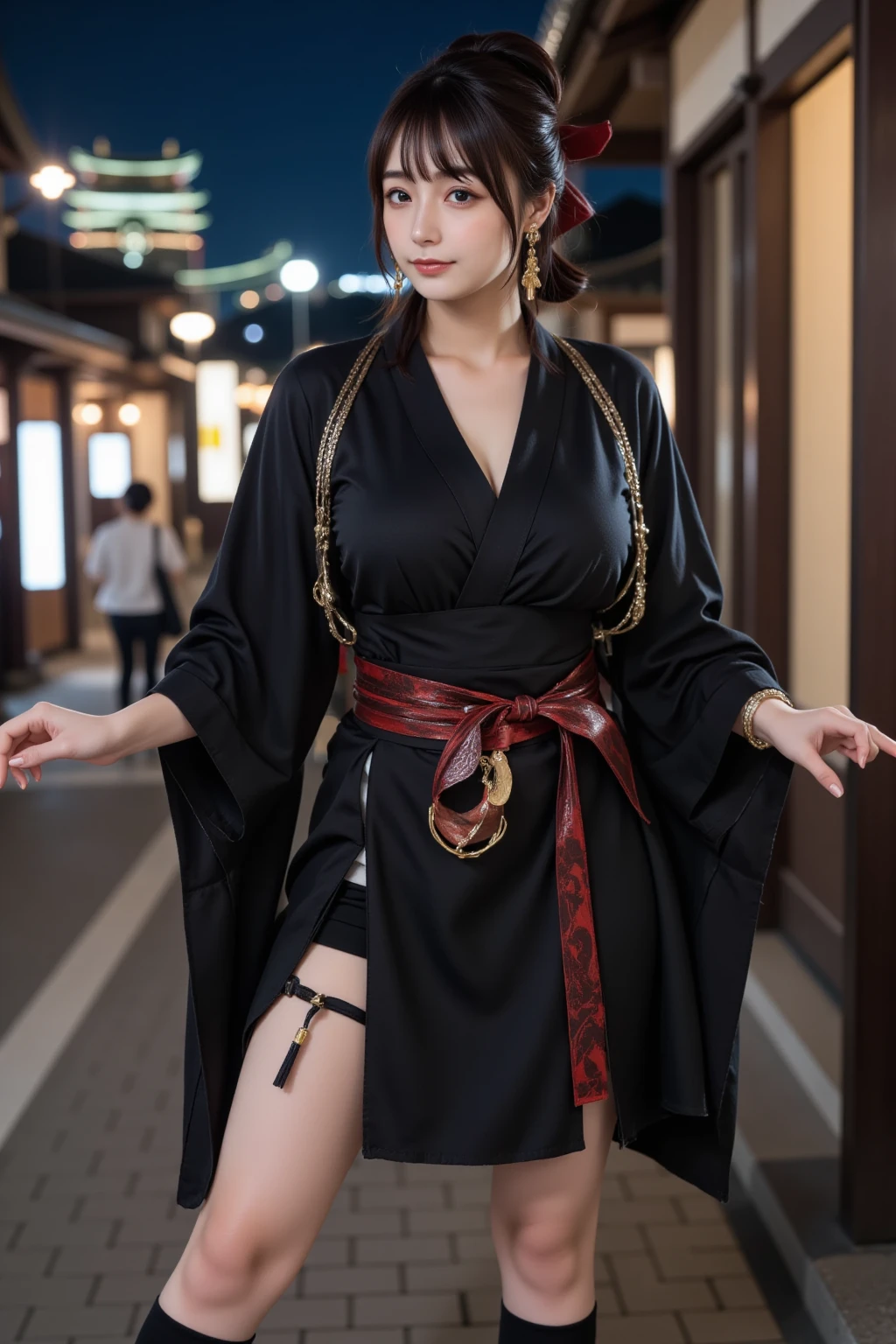 japanaese girl,komono,cyber punk perssonage,Ambient light,zodiac girl's,punk,Full body like,whole body display,Exposing thighs,Oversized bust