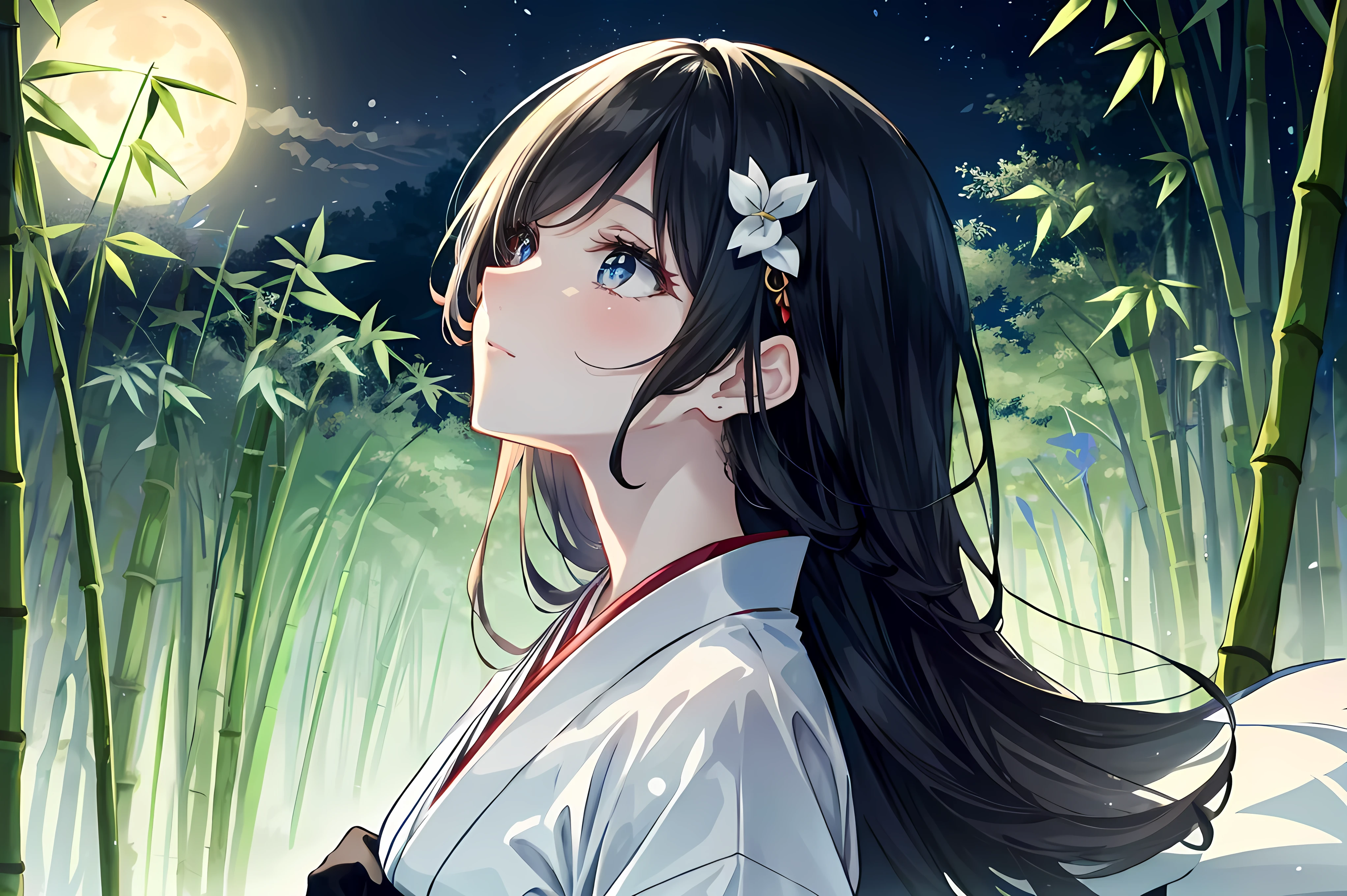 masterpiece, illusion, top quality, night, cloudy night, oboro moon, firefly, countryside, river surface, foxfire, adult woman in yukata, evening mist, flowing evening mist, dry ice, thick fog, confession, regret, loneliness, long black hair, hair gloss, after rain