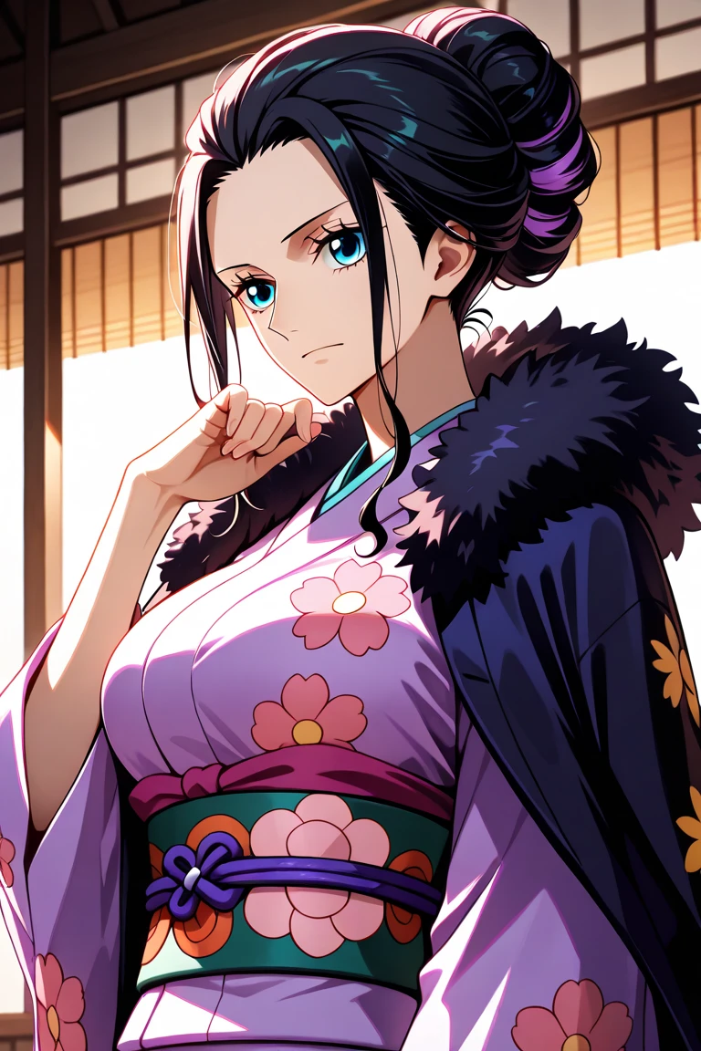 masterpiece, best quality, highly detailed, high-resolution, anime-style, Nico Robin, One Piece, post time-skip, fair skin, long wavy black hair tied in a traditional Japanese updo, striking blue eyes, calm and confident expression, wearing a beautiful pink and purple kimono with floral patterns, wide obi belt, and long flowing sleeves, elegant and traditional Japanese aesthetic, standing in a serene Wano-inspired setting, soft lighting, vibrant colors, cinematic framing, authentic anime shading and textures, intricate clothing details