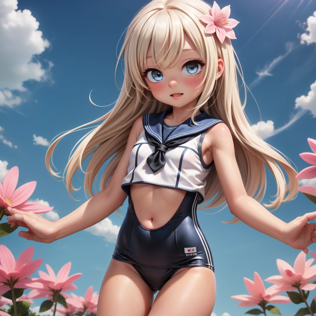 femele,1Child 0 years old,Golden head hair,Open legs,half squatting,White School Swimsuit,Side Up Ponytail,Blue eyes,through,Mansuji, are see-through,small tits,Leaking pee,The crotch is wet