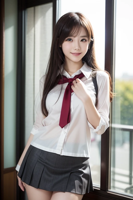 (masutepiece, Best Quality:1.2), in 8K, 18year old, Official art, Raw photo, absurderes, Pretty Face, close up, full bodyesbian, School uniform, (Navy pleated skirt:1.1), Cinch West, thighs thighs thighs thighs, Short sleeve, Looking at Viewer, (Smile:0.4), Film grain, chromatic abberation, oppai、foco nítido, face lights, clear lighting, , Detailed face, Bokeh background, (dark red necktie:1.1)、Super Detail、physically-based renderingt、copulation OK、18year old、Married Woman Japan Baby Face、school classrooms、early evening、flawless skin、A sexy、happy facial expression、Simple lace hair ornament、Soft light、best qualtiy、Big breasts drooping from side to side((Bust:90cm))、Brown Short Hair、Ponite、lyin in bed、no clothe、((Legs wide open:1.5))、(Show off your crotch:1.5)、lace see-through micro panties、((Pubic hair is transparent))、Naked and embarrassed、(looking at the viewers)、