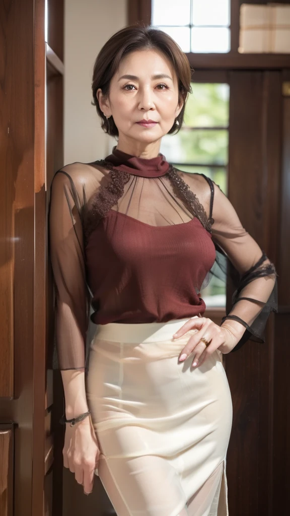 HD,  HD,   attention to detail ,  masterpiece,   anatomically accurate ,  sharp, (( Japanese,Mature Woman)),(70 years old:1.5),(old woman:1.6),(( facial wrinkles)),(Aging and sagging body:1.4),Long light brown hair , bangs,(((stand up,))),View photographer ,   stares straight ahead,( sheer sheer knit blouse :1.3),( tight skirt :1.1),Inside the warehouse,(Straight face:1.3), Middle-aged obesity ,(Long face:1.2),(Ordinary housewife:1.3),