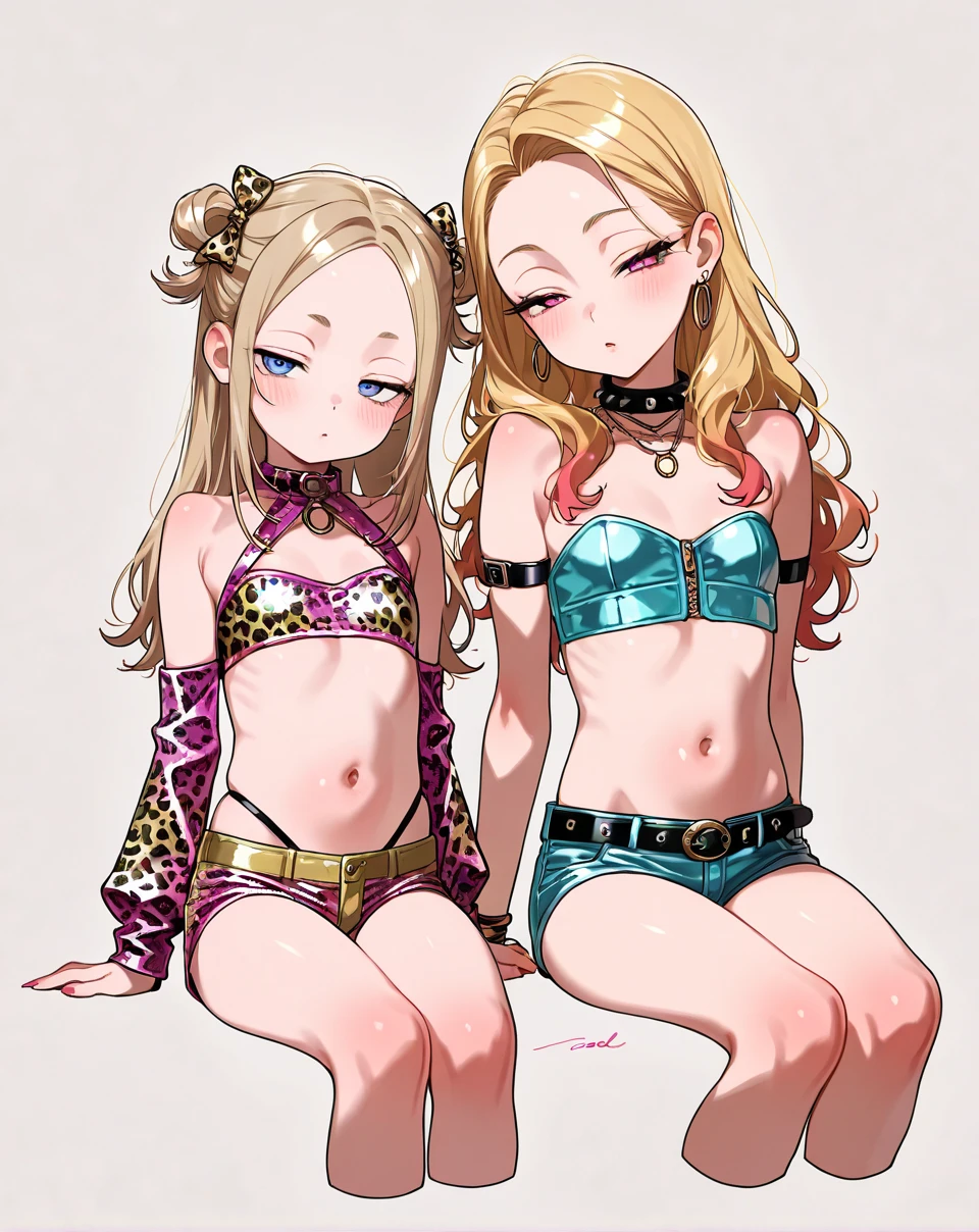 ((young 2girl ,short stature,gyaru)) ,flat chest,black hair, twintail ,,nsfw,heavyset,looking at viewer.stand,frilled pink striped swimsuits, evil smiling,condom belt,