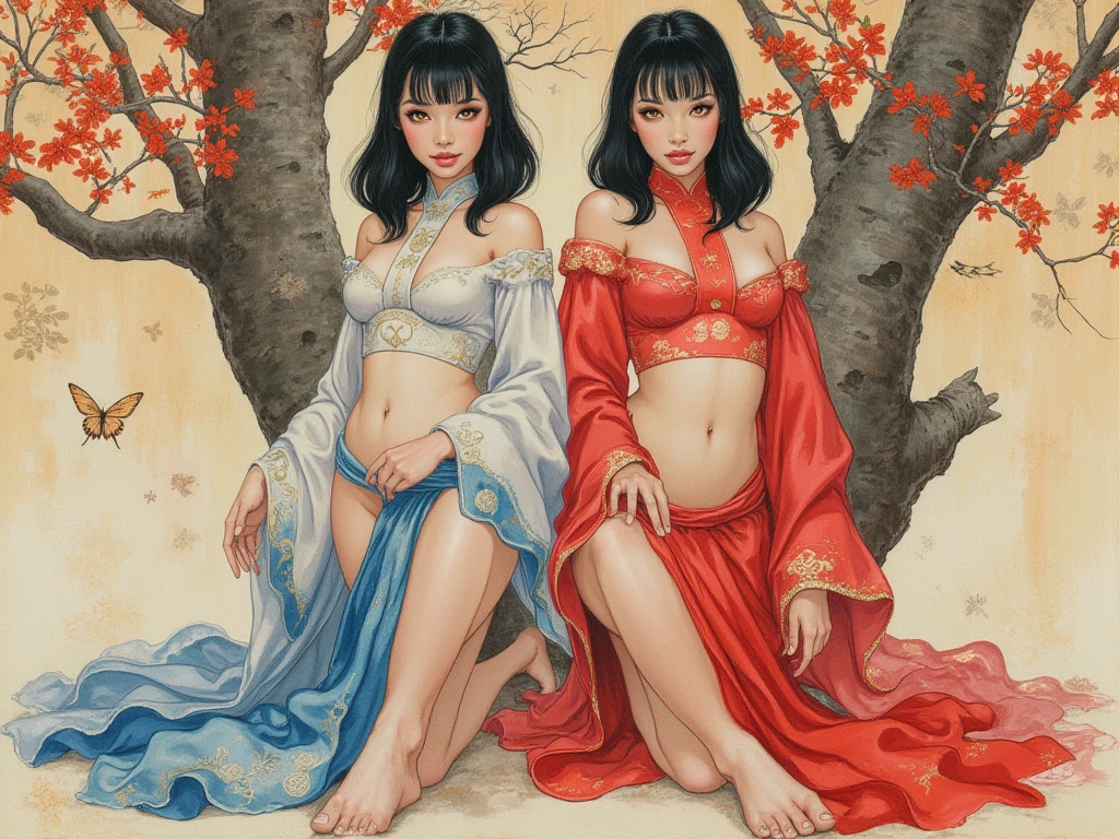 a drawing of a woman with a bird on her, inspired by Kitagawa Utamaro, inspired by Kanō Takanobu, inspired by Audrey Kawasaki, inspired by Kanō Motonobu, geisha, inspired by Takato Yamamoto, inspired by Kelly McKernan, inspired by Harumi Hironaka, art By Ray Shark