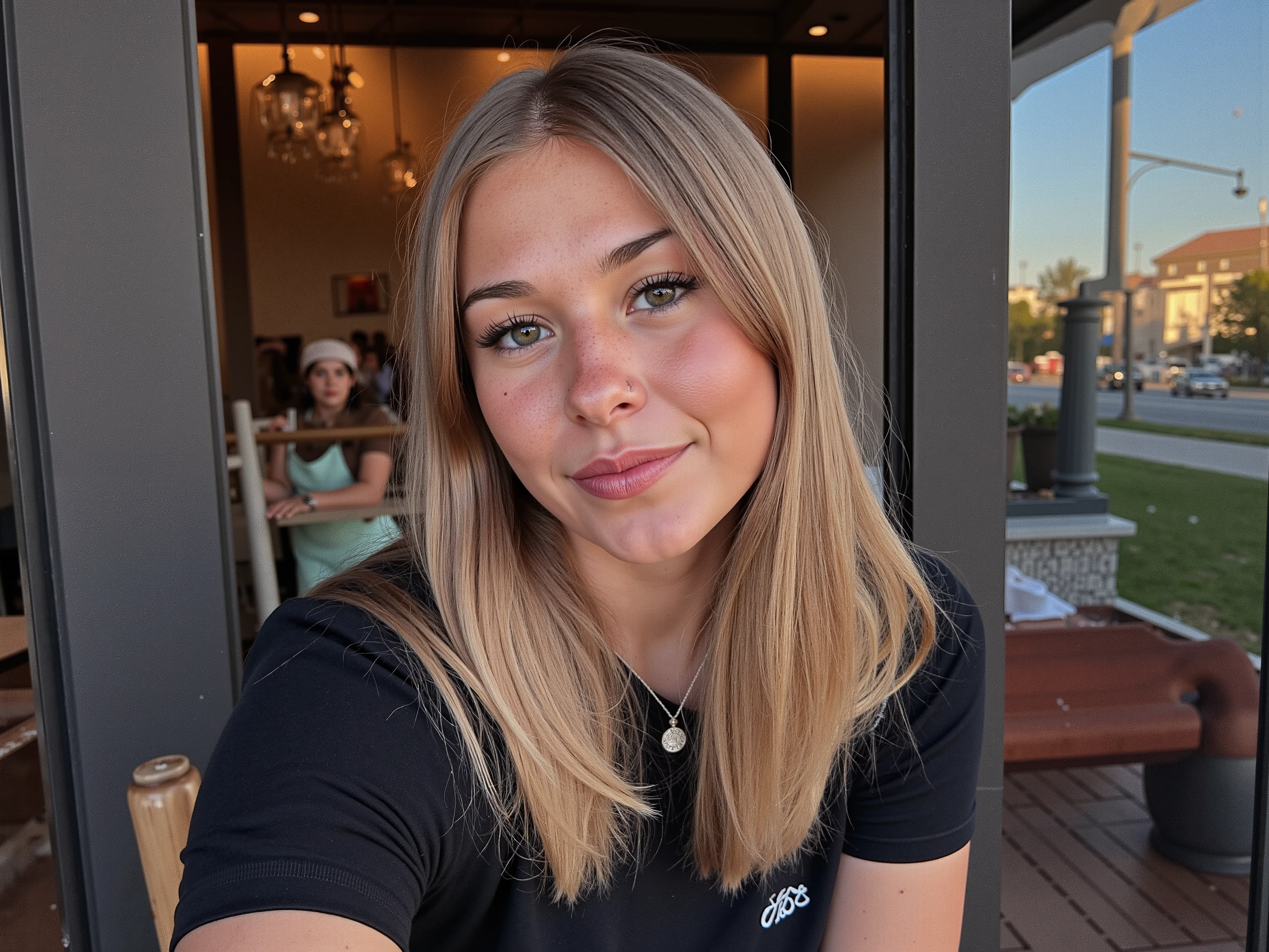 Sophie Rain, oculos de sol black, 1 girl, Selfie, makeup, eyeliner, small nose, , thin , slanted eyes, big eyes, blonde hair , blue eyes, pale skin youthful appearance , corpo total, vestido curto black, details eyes , Iris , smiling, smile, youthful appearance , sitting , vintage aesthetic , cute face ,, cabelo pelos shoulders, shoulders, volumoSo hair, luz media , ambient light, sunset , Sun reflection through the window, in the Environment, focused environment, Environment:cafeteria, Be, objects, olhos Berados