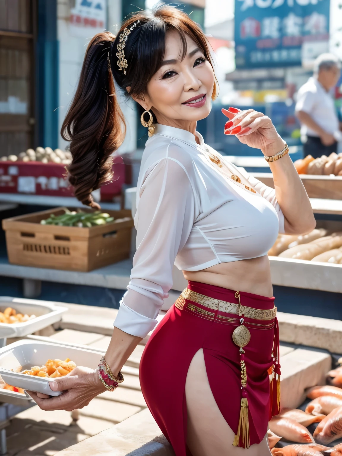 ８５ 　Mom　MILF　Korean, Lady　large earring　Big choker　navel piercing decoration　A bracelet　Silver Hair　realisitic　Gorgeous Madame Beautiful Mature Woman　sexy　Smile　Gentle woman navel piercing　４K　High quality fish shop　Fish Market　Marche　Gorgeous Madame Beautiful Mature Woman　shopping