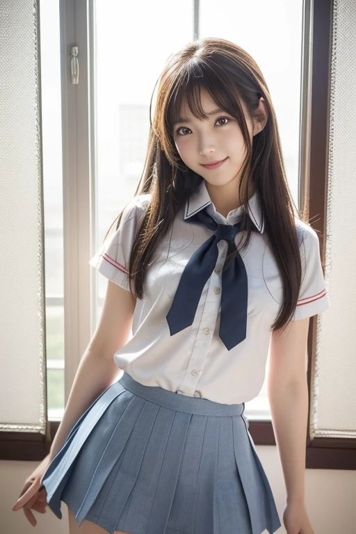 cute, kawaii, (round eyes:1.2), (highly detailed face and eyes), (big smile), Amazing face and eyes, (school uniform, pleated mini skirt:1.3), (Best Quality:1.4), (Ultra-detailed), (extremely detailed CG unified 8k wallpaper), Highly detailed, High-definition raw color photos, Professional Photography, Realistic portrait, summer, (beach), (fine face:1.2),
