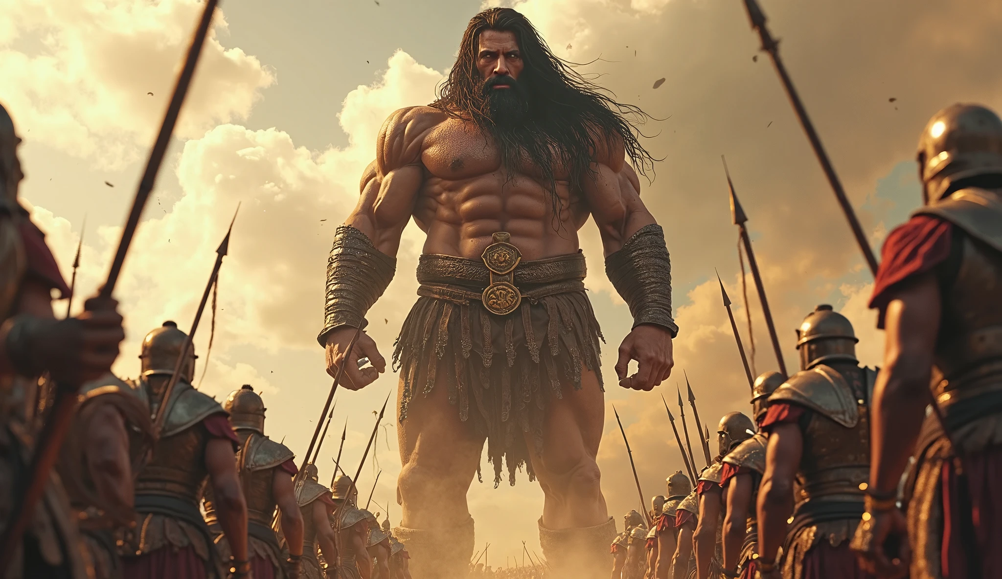 detalhado, Giant goliath of the Holy Bible, with clouds and lightning in the background, and several army men, king solomon next to him.