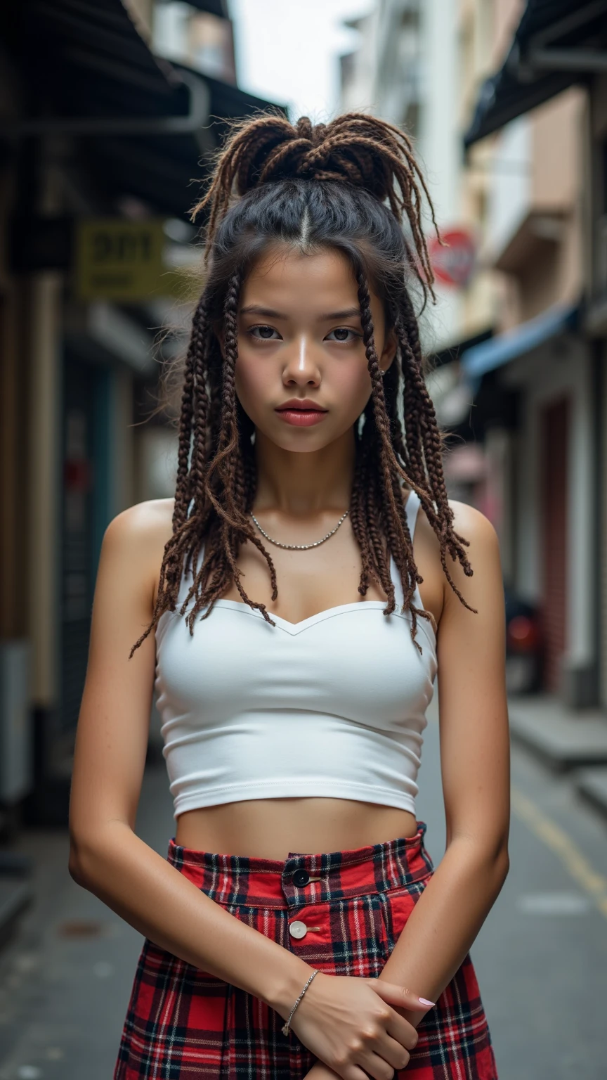 Picture taken with Sony A7RIV, realistic, 8K, Hi-Res picture, masterpiece, perfect facing viewer shoot, detailed complicated background, Gorgeous twenty years old Indonesian girl, natural body, Dreadlocks, white tank-top paired with tartan skirt, stand, city alley in Jakarta