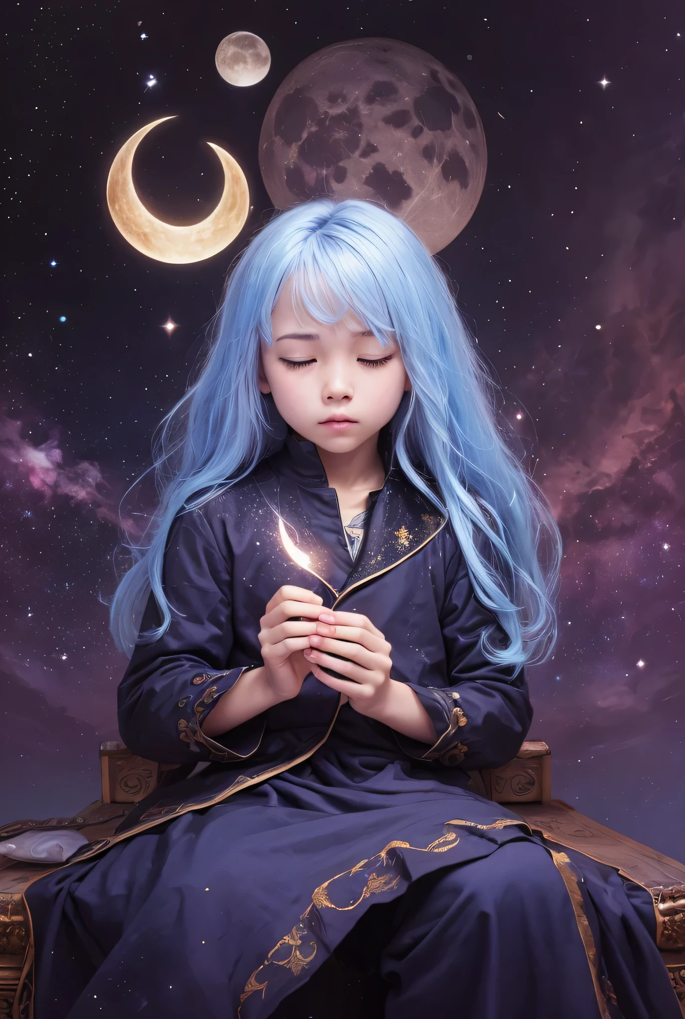 Smooth the traces and enhance the background galaxy 1 , Long hair, Jewel, blue hair, closed eyes, best quality, holding a moon , On this moon there is a boy sitting, Improve the hands and the galaxy background, Realistic