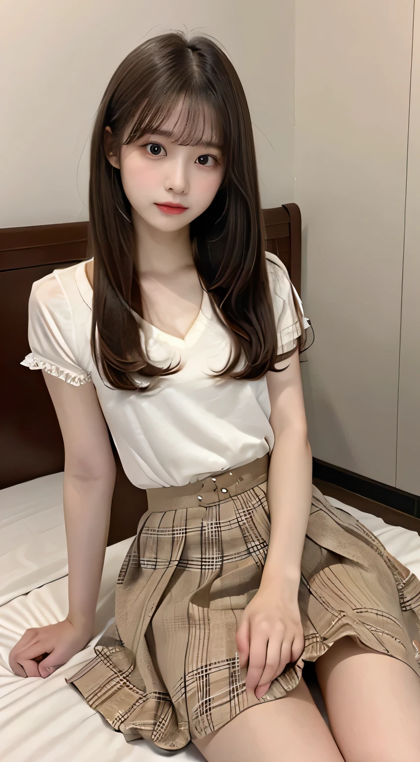 (8k), (highest quality: 1.2), (Realistic), (Realistic: 1.37), Ultra-high resolution, 1 girl, cute, A shy smile, Blushing,Mouth closed, Peach-colored lips,Beautiful details, Beautiful Nose, Beautiful black hair, bangs,Twin tail hair,Giant Dulcefo, pork, Thighs,Self Snap,University Uniforms,Sitting on a train in Tokyo,Pleated skirt,(The pattern of the skirt is a tartan check pattern.....:1.3), (big size white t-shirts),Crossing your legs, From above,(Close up on legs),(Shiny pantyhose),Sit with your legs up,Bring your face closer