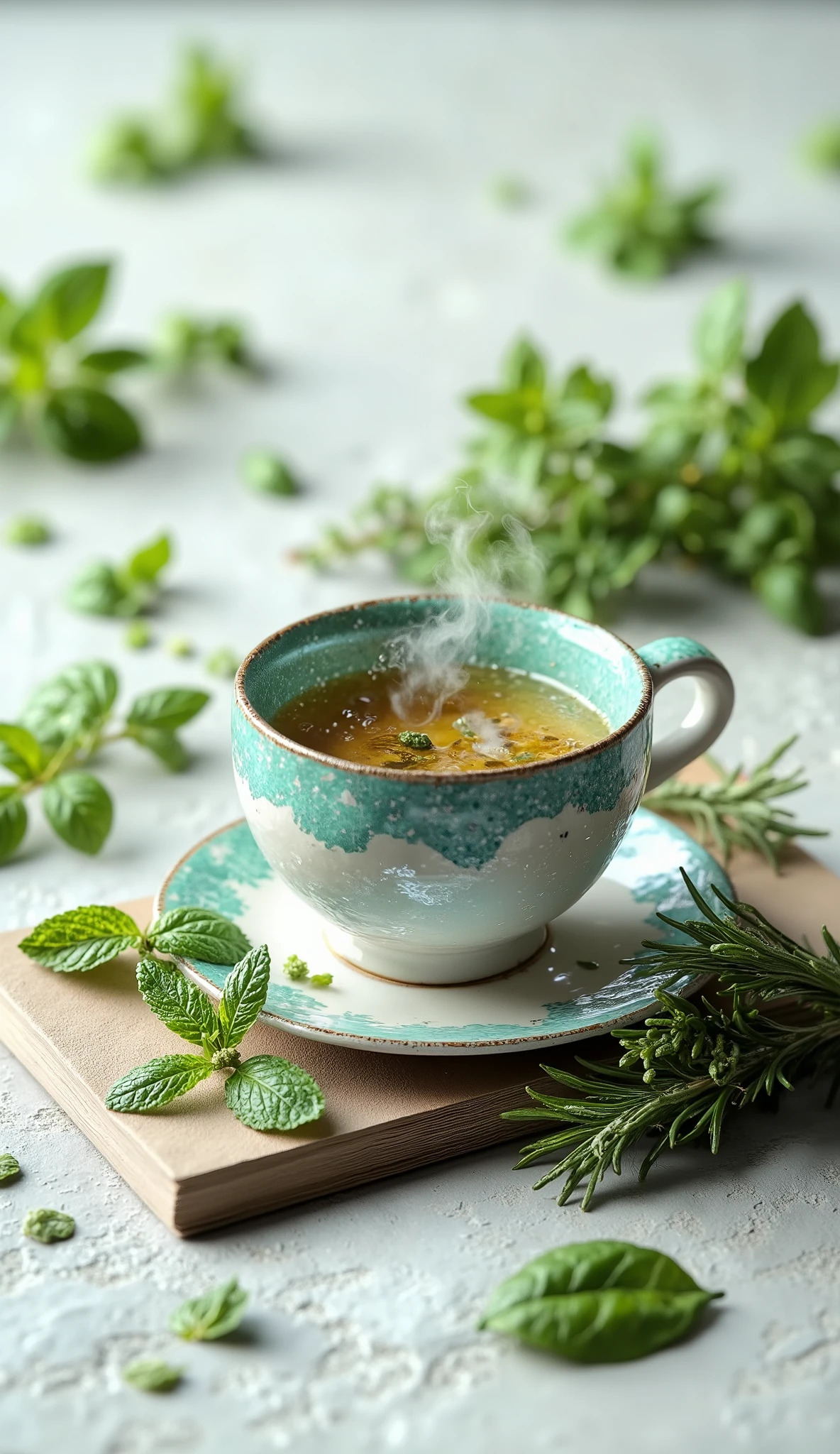 A book cover about natural health, with soft shades of green (emerald, Menta, olive) and beige and white details. in the center, a cup of steaming tea with fresh herbs next to, like mint and rosemary. Leaves and natural herbs scattered organically around. Light background with craft paper texture, natural lighting like a sunny morning. minimalist and elegant style , focusing on nature and well-being. Include space for the book title and subtitle.