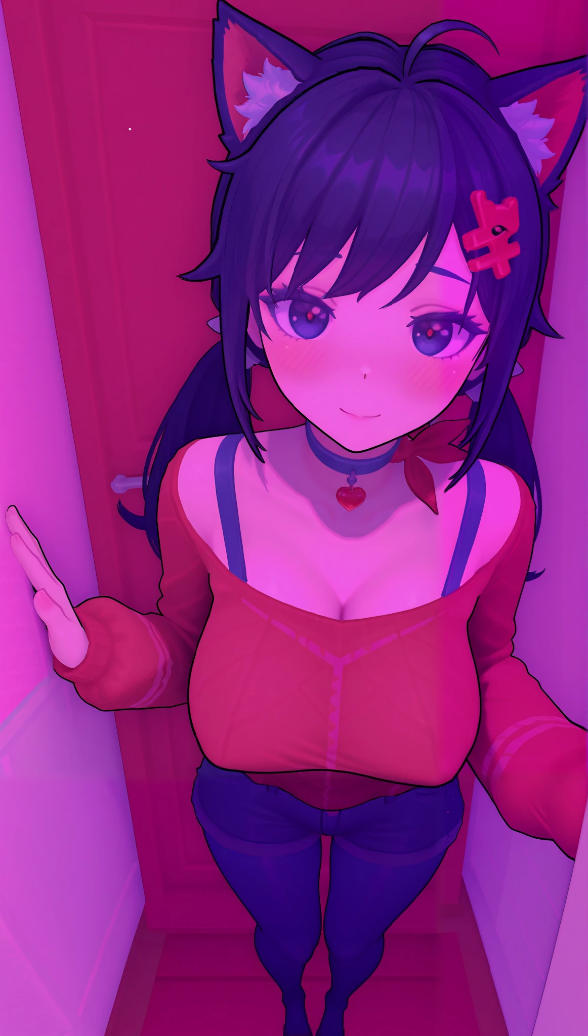 (,(((, cat ears)), (red eyes), ( long hair ), (( black hair, (Ahoge), straight bangs,)), ) masterpiece, the best quality, cinematic lens effect, very dramatic image, beautiful eyes , ultra cute, ultra sexy, ultra bouncy breasts , Beautifully shaped breasts, ultra detailed, 8K, horny, perverted, Dutch angle, medium full length , (( supermodel )), ((Busty Bitches)), animated, blush, Beautiful Women , blush, parts, colorful hair , straight hair, colorful bangs , pigtails, seductive pose , neckline, Linen sweater , denim shorts, Long blue tights , in love, All the mischievous hearts , happy, blush