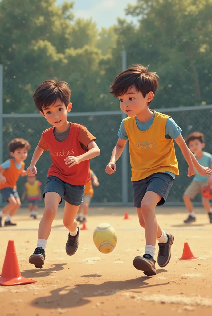 Create an image of some children in physical education uniforms, burgundy trousers and a white shirt, doing tricks with a ball on a cement court and a school in the background. 