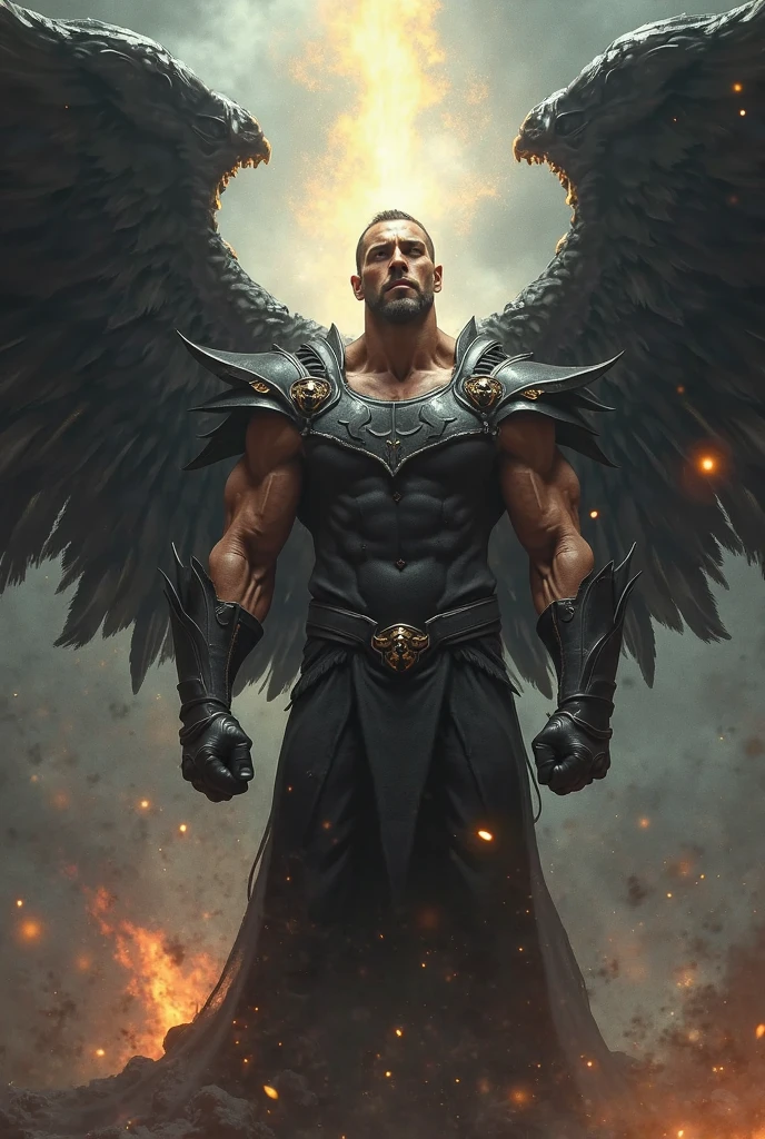 a close up of a black statue-like male with large wings, humanoid male, faceless, angel devoid of a face, lack of facial features, plain face, angel of death, unreal engine render + a god, villain has black wings, no face, plain face, muscular build, garden background, intricate garden background,