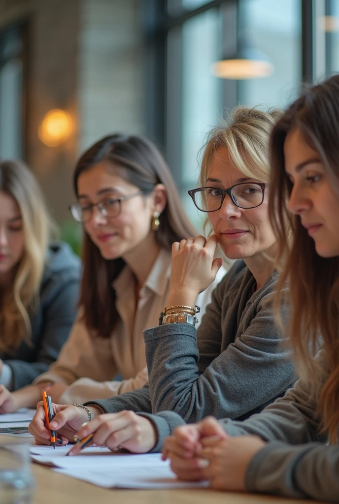 Diverse team of psychopedagogic professionals in a brainstorming session, demonstrating a strong spirit of collaboration. The photo shows expressions of concentration and creativity, symbolizing the commitment to innovative solutions for educational development.