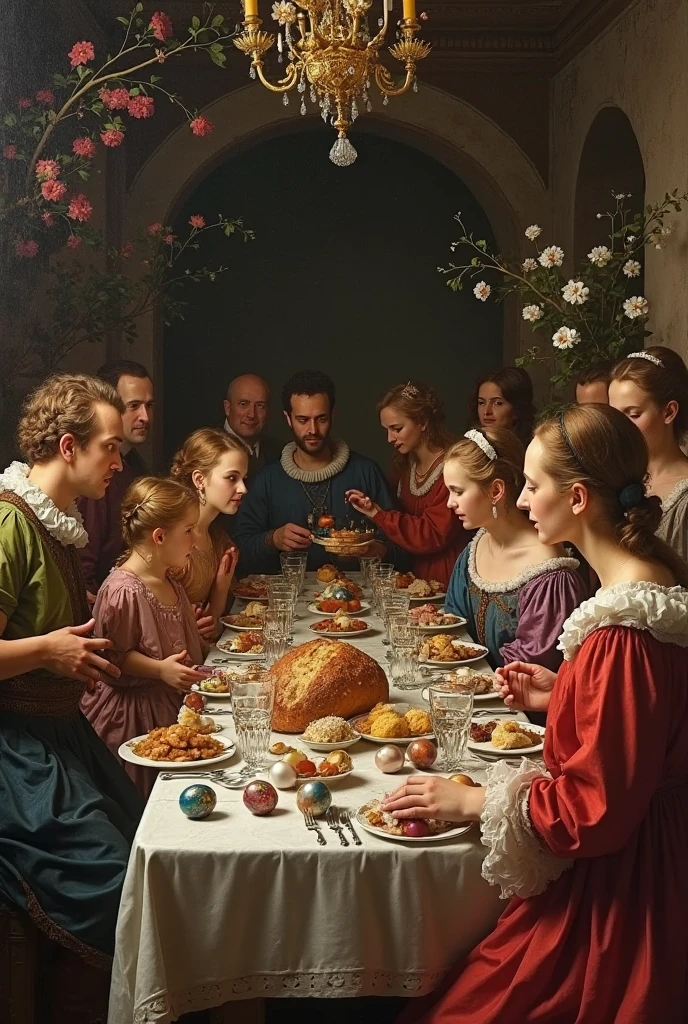 Renaissance style girls and boys enjoying a banquet of delicacies. Around a large wooden table. They belong to the nobility. They are happy. Renaissance painting style. artwork. beautiful girls. Pretty dresses. Stately home. wine glasses. great scene.