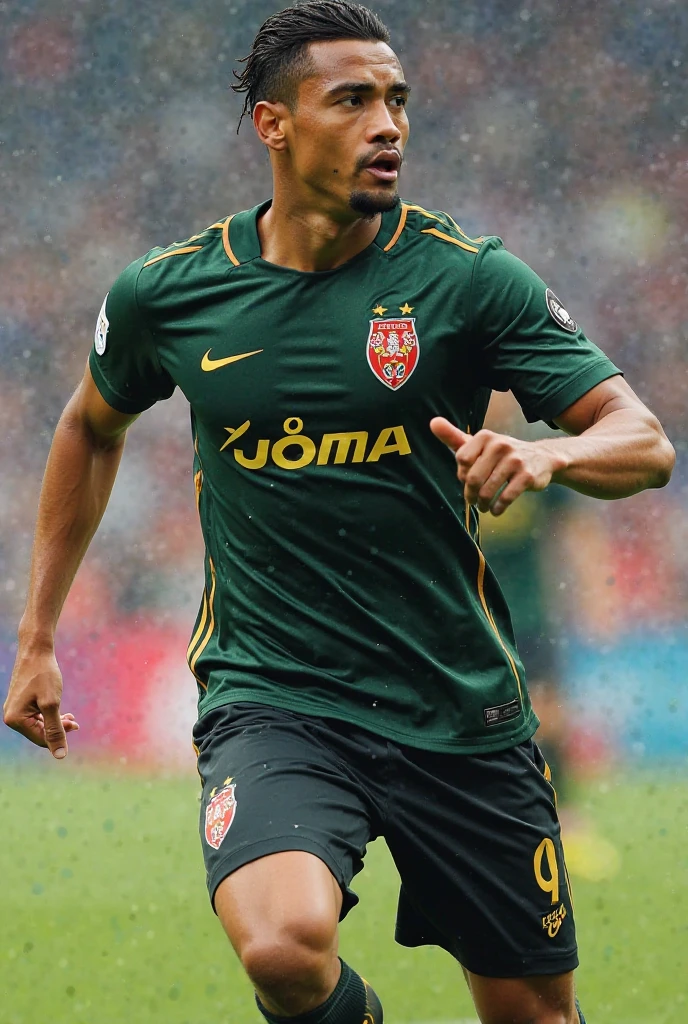 Football shirt with a new design that does not exist, using only yellow colors, green and red