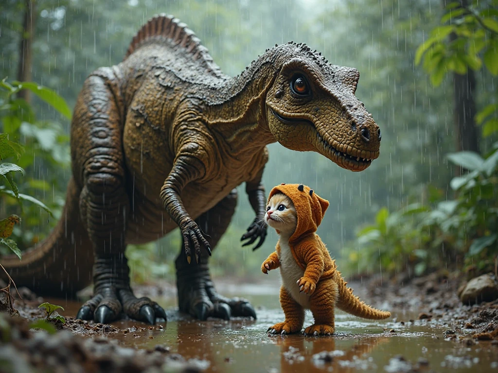 A highly detailed, realistic scene in a prehistoric jungle during a heavy rainstorm, inspired by the lifelike style of Jurassic Park. A large, scientifically accurate dinosaur with rough, textured skin and natural coloration is bending down gently, using its massive body to shield a small, adorable kitten from the rain. The dinosaur's head is lowered, watching over the kitten with a protective and nurturing gaze. The kitten is wearing a soft, plush dinosaur costume, which is cute and cartoonish, made of fluffy fabric, not resembling real reptilian skin. The kitten looks up at the dinosaur with wide, trusting eyes, feeling safe under its protection. The ground is wet and muddy, with raindrops splashing into small puddles. The atmosphere is warm and heartwarming, showing the unlikely friendship between a massive dinosaur and a tiny kitten in need of shelter. The dinosaur's pose and movement convey a clear sense of care, as it deliberately blocks the rain for its small companion.