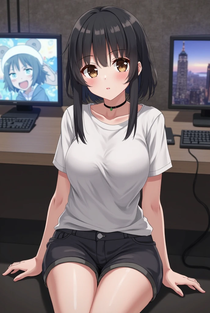 A skinny naked with small breasts,spread legs,{Crying},Game Center,there are many customers,pussy juice,panty lift