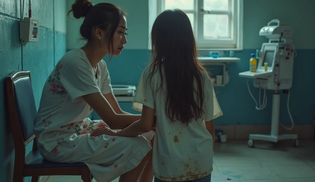 cute realistic anime girl in scrubs taking care of a kid