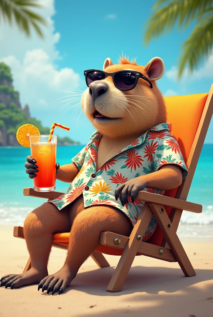 capybara in swimsuit, in front of the pool, on a white lounge chair with blue stripes, with a juice in hand, drinking from a straw, with sunglasses, one hand behind the head, resting his head on his right hand, sun top left, grass around the pool, large swimming pool, transparent, with crystal clear water, stairs on both sides of the pool, Several sun loungers around the pool, There is no one else, capybara soil, mansion in the background, Rolex watch, gold necklace