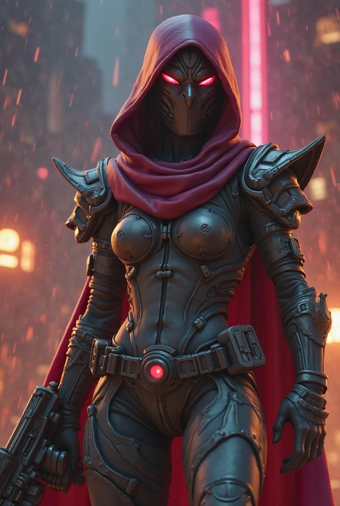3d, 3d render,<lora:add-detail-xl:1.5>,masterpiece, highest quality, ((Anime Style)), [bold|bright] colors, 1990s illustration of (female [ninja|cyborg]), wearing skintight black leather armor, red cloak, hood, perfect face, red eyes, highly detailed, looking at viewer, bleak dystopian cyberpunk city in the background, BREAK foreboding atmosphere, [[neon lights]], Kodak Vision 500T, (film grain:1.1), cowboy shot, epic, (full body:0.9) 3d, 3d render,