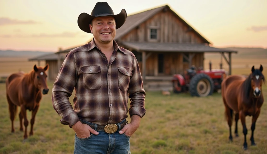 Elon Musk is standing on your ranch in simple farm clothes — worn jeans, plaid shirt and cowboy hat. He is surrounded by pastures with grazing cows and horses. Against the background, a wooden ranch-style house and an old tractor. Musk looks relaxed and happy, his hands are on a belt or holding a farming tool, For example, pitchfork or lasso rope. The atmosphere of calm , Country nature , sunset sky .