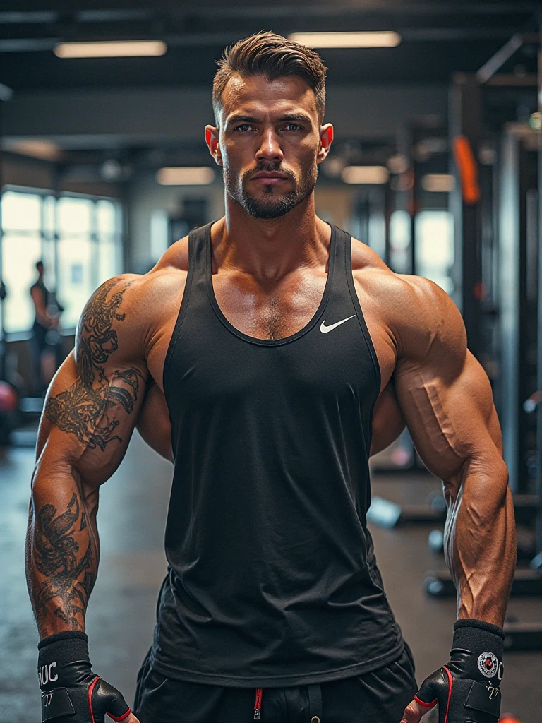 Masterpiece, denoise, void noise, one man, best quality, 8k resolution, male focus, focus only, amazing composition, volumetric lighting, super quality, elegant, Very detailed, (front view), (facing viewer), white light, daylight, blue sky, -----------, 35 years old, face, (muscular, thin body), handsome, ((detailed light-gray eyes, detailed eyes)), ((((light blonde hair, short straight hair)))), ((big ears)), ((((thick plenty chest hair)))), ((((pale skin)))), ((((Medium length beard)))), (((((Russell Tovey detailed face))))), --------------, (((wearing tennis shorts, playing tennis)))