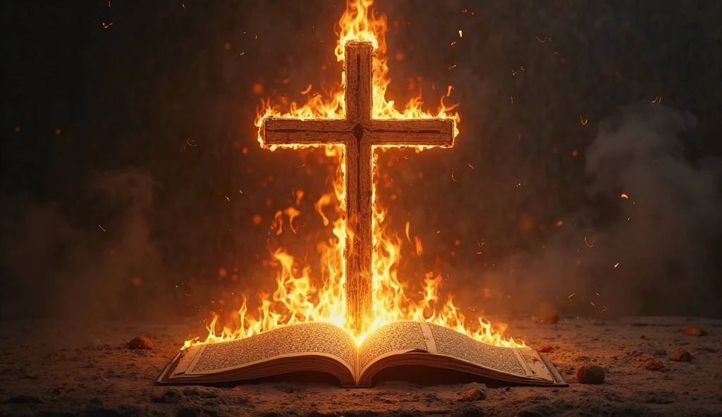 Create an image with a bible and in the background an image on fire.