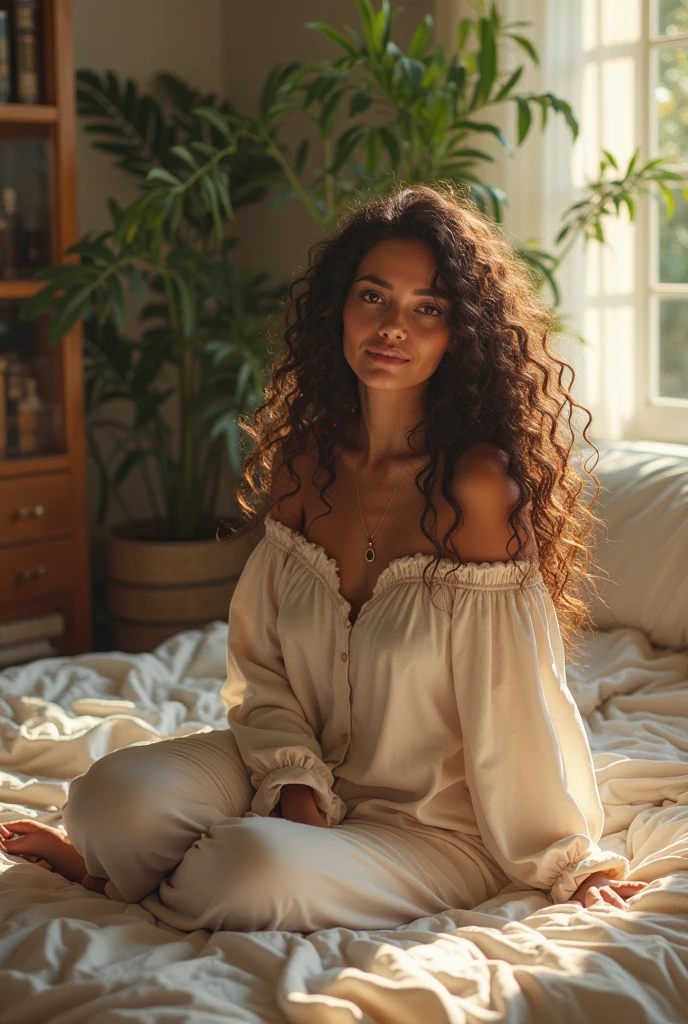 (photorealism:1.2), beautiful woman, sitting on bed, wearing loose off-shoulder top, pajama pants, long curly hair, indoors, soft lighting, plants in background, window with sunlight, cozy room, relaxed pose, realistic, intricate details, warm colors, by Greg Rutkowski, by Alphonse Mucha