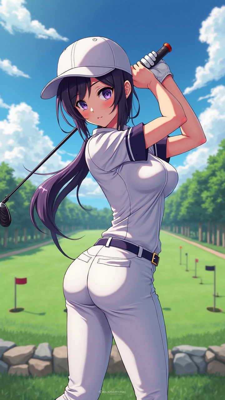 One woman、beautiful girl、high school girl、Polo shirt、mini skirt、Tight Skirt、Sun visor、ponytail、Long Hair、Golf course、Holding a golf club、Put the golf ball on the ground、slouch、A packed audience、Highest quality, Thick thighs、Big Ass、Black Hair、Sweaty body、Put the golf ball on the ground、slouch、Professional Golfer