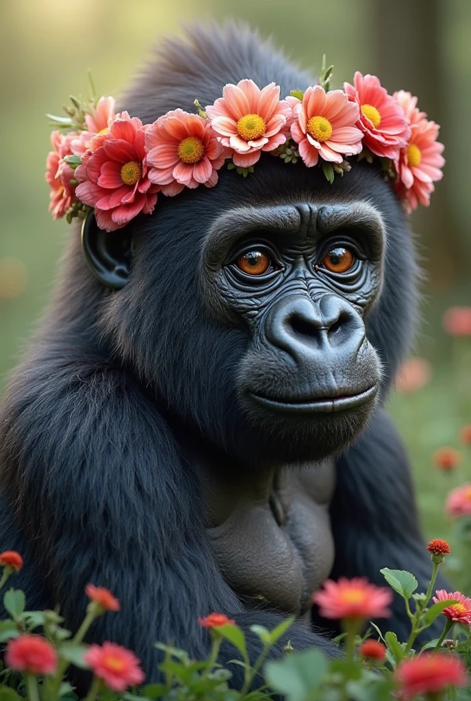 An injured gorilla sits on a bench in first class，Holding a pink flower in his hand
