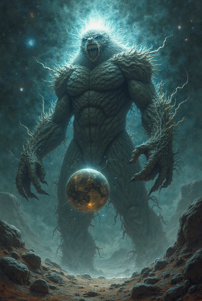 4k highly detailed realistic digital extremely high quality RAW photograph, dark arabian fantasy in the style of hp lovecraft, highly detailed Earth Golem, he gigant and have planet Saturn in your hand, magik protection