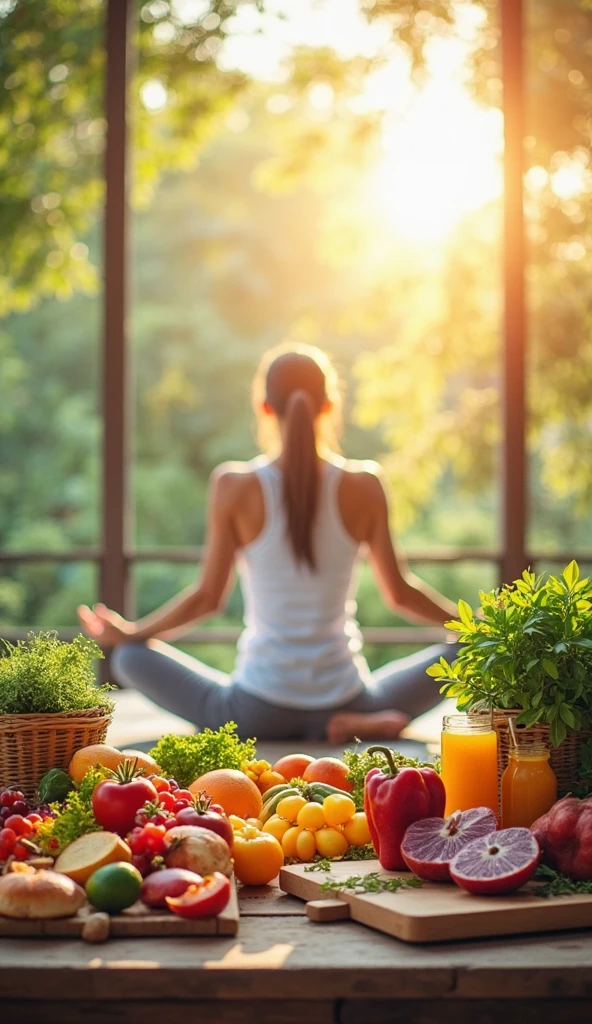 In the morning, a person is doing yoga or stretching in a lush green park, surrounded by freshness and greenery, with a bowl of fresh fruits and vegetable salad nearby. The person should be looking healthy, happy and energetic.
