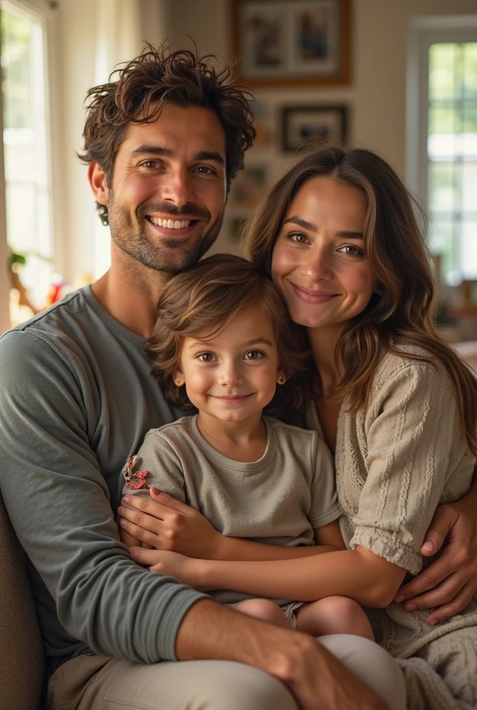 With AI, take a photo of two people with features of Henry Cavill and Negin Mirsalehi, she has brown hair. And with their children, A three-year-old boy with black hair down to his forehead., celebrating his birthday